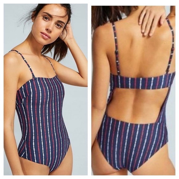 Onia Estelle Convertible One-Piece Swimsuit Blue Stripe Strapless - Picture 2 of 13